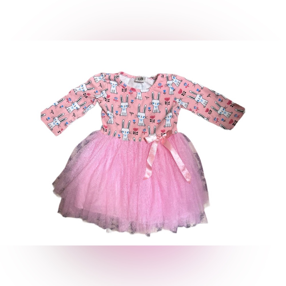 Pink Bunny Print Tulle Dress Sz M 3/4T